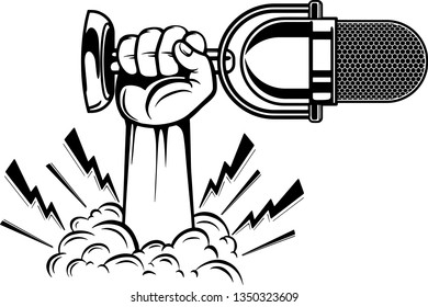 Arm Raised Up With Hand Holding Microphone For Media And Music Broadcasting 