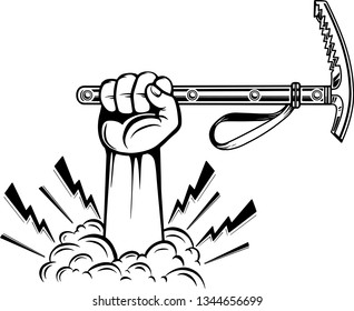 Arm Raised Up With Hand Holding Mountain Climbing Axe
