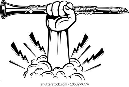 Arm Raised Up With Hand Holding Musical Instrument Clarinet