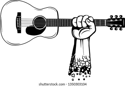 Arm Raised Up With Hand Holding Musical Instrument Acoustic Guitar