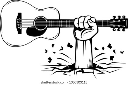 Arm Raised Up With Hand Holding Musical Instrument Acoustic Guitar