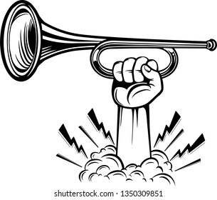 Arm Raised Up With Hand Holding Musical Instrument Bugle