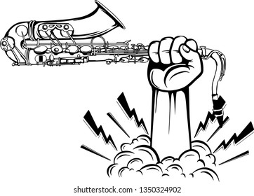 Arm Raised Up With Hand Holding Musical Instrument Saxophone