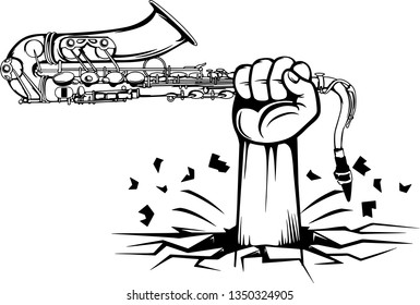 Arm Raised Up With Hand Holding Musical Instrument Saxophone