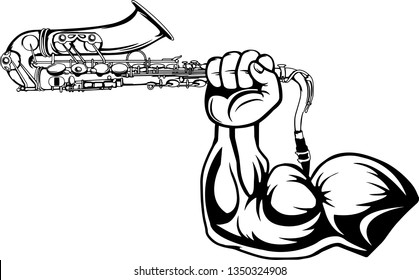 Arm Raised Up With Hand Holding Musical Instrument Saxophone