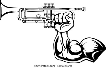 Arm Raised Up With Hand Holding Musical Instrument Trumpet