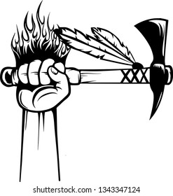 Arm Raised Up With Hand Holding Native American Indian Tomahawk Axe