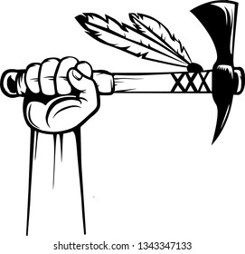 Arm Raised Up With Hand Holding Native American Indian Tomahawk Axe