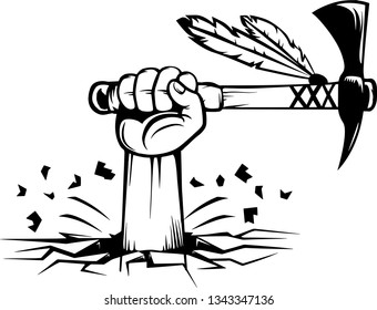 Arm Raised Up With Hand Holding Native American Indian Tomahawk Axe
