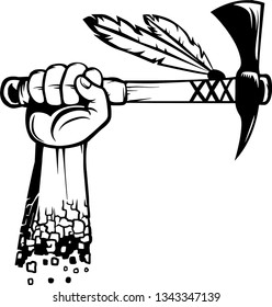 Arm Raised Up With Hand Holding Native American Indian Tomahawk Axe