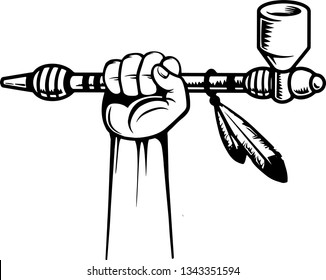 Arm Raised Up With Hand Holding Native American Indian Peace Pipe