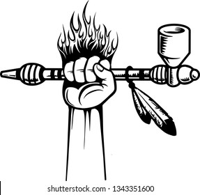 Arm Raised Up With Hand Holding Native American Indian Peace Pipe