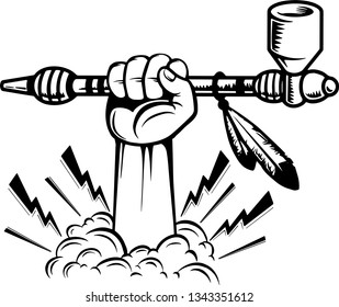 Arm Raised Up With Hand Holding Native American Indian Peace Pipe