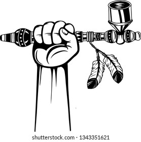 Arm Raised Up With Hand Holding Native American Indian Peace Pipe