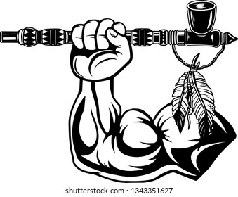 Arm Raised Up With Hand Holding Native American Indian Peace Pipe
