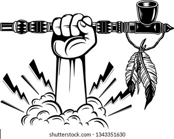 Arm Raised Up With Hand Holding Native American Indian Peace Pipe