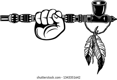 Arm Raised Up With Hand Holding Native American Indian Peace Pipe