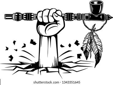 Arm Raised Up With Hand Holding Native American Indian Peace Pipe