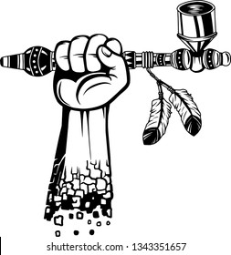 Arm Raised Up With Hand Holding Native American Indian Peace Pipe