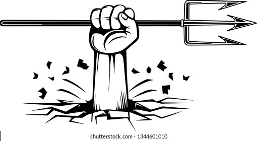 Arm Raised Up With Hand Holding Nautical Diving 3 Prong Pitchfork Trident