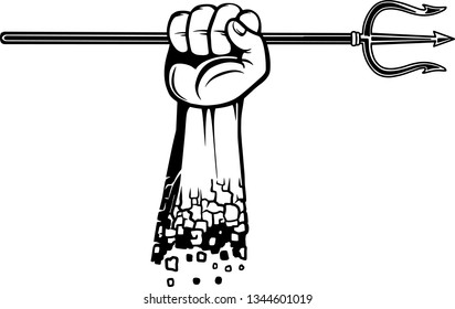 Arm Raised Up With Hand Holding Nautical Diving 3 Prong Pitchfork Trident