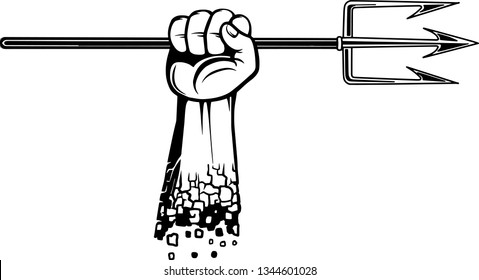 Arm Raised Up With Hand Holding Nautical Diving 3 Prong Pitchfork Trident