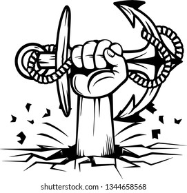 Arm Raised Up With Hand Holding Nautical Ship Anchor And Rope