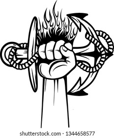 Arm Raised Up With Hand Holding Nautical Ship Anchor And Rope