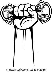 Arm Raised Up With Hand Holding One Hundred Dollar Bills Cash Money