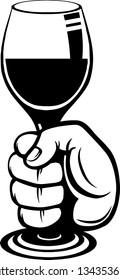 Arm Raised Up With Hand Holding Wine Glass Bottle