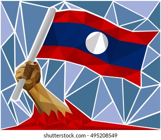 Arm Raising The National Flag Of Laos