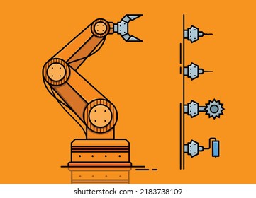 Arm robot with tools plugin set situated on orange background vector image.