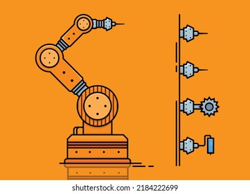 Arm robot with tools plugin set situated on orange background vector image.