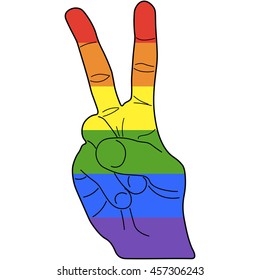 Arm showing peace sign. Colorful rainbow LGBT flag. Vector illustration.