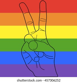 Arm showing peace sign. Colorful rainbow LGBT flag. Vector illustration.