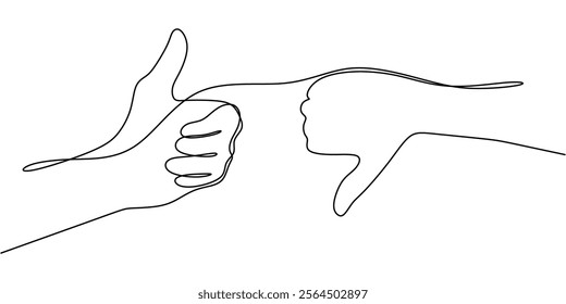 Arm showing thumb up, another thumb down in continuous line drawing. Symbolizing approval, disapproval, and the balance of choices. Vector illustration one line art minimalist.