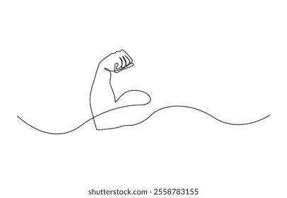 Arm shows bicep fist. Continuous one line vector, Man's hand shows a fist on the biceps in line style. Continuous one line vector drawing ,  shows bicep continuous one line vector drawing.