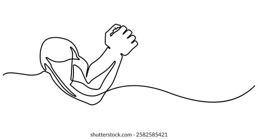 Arm shows bicep fist. Continuous one line vector drawing, shows bicep continuous one line vector drawing, Man's hand shows  fist on the biceps in line style. Continuous one line vector drawing concept