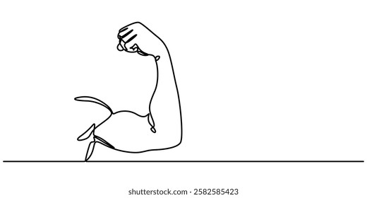 Arm shows bicep fist. Continuous one line vector drawing, shows bicep continuous one line vector drawing, Man's hand shows  fist on the biceps in line style. Continuous one line vector drawing concept