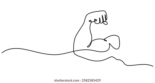 Arm shows bicep fist. Continuous one line vector drawing, shows bicep continuous one line vector drawing, Man's hand shows  fist on the biceps in line style. Continuous one line vector drawing concept