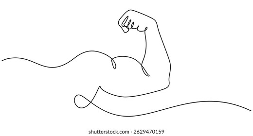 Braço mostra punho de bíceps. Vetor de uma linha contínua, mostra desenho de vetor de uma linha contínua de bíceps, Man mostra desenho de linha contínua de primeira mão de bíceps. Fitness e conceito de ginástica. estilo mínimo.