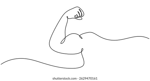 Braço mostra punho de bíceps. Vetor de uma linha contínua, mostra desenho de vetor de uma linha contínua de bíceps, Man mostra desenho de linha contínua de primeira mão de bíceps. Fitness e conceito de ginástica. estilo mínimo.
