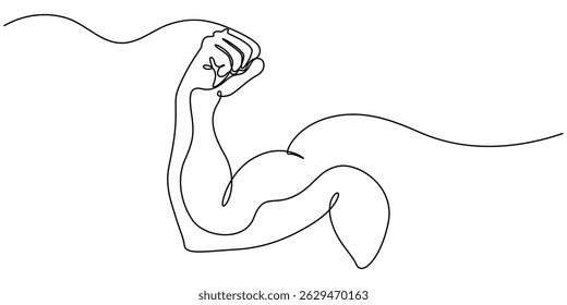 Arm shows bicep fist. Continuous one line vector, shows bicep continuous one line vector drawing, Man shows bicep fist hand continuous line drawing. Fitness and gym concept. minimal style.