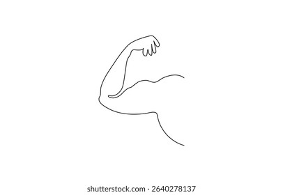 Arm shows bicep fist. Continuous one line vector, Man's hand shows a fist on the biceps in line style. Continuous one line vector drawing ,Man shows bicep fist hand continuous line drawing.