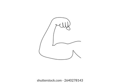 Arm shows bicep fist. Continuous one line vector, Man's hand shows a fist on the biceps in line style. Continuous one line vector drawing ,Man shows bicep fist hand continuous line drawing.