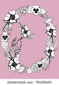 Arm of the skeleton with dog rose flower and oval wreath. Vector hand drawn illustration for your poetic design.