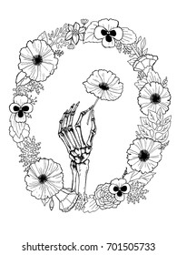 Arm of the skeleton with poppy flower and oval wreath. Vector hand drawn illustration for your poetic design.