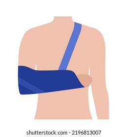 Arm sling fixation. Immobilize wrist in a horizontal position with bandage. Support for hand muscles and bones. Broken or injured joint, fracture, sprained ligaments. First help vector illustration.