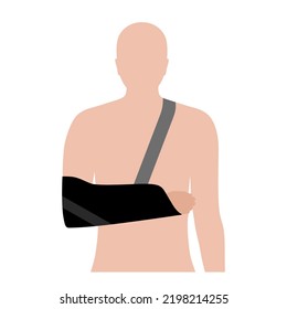 Arm sling fixation. Immobilize wrist in a horizontal position with bandage. Support for hand muscles and bones. Broken or injured joint, fracture, sprained ligaments. First help vector illustration.