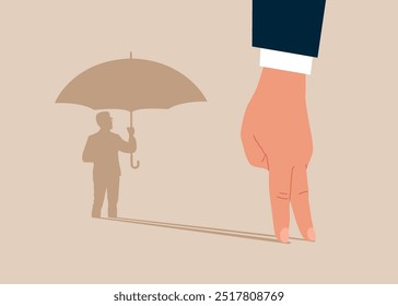 Arm standing with shadow man hand holding umbrella protects against risk. Modern vector illustration in flat style